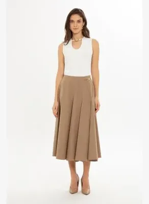 Gizia Pileli Midi Boy Bej Etek