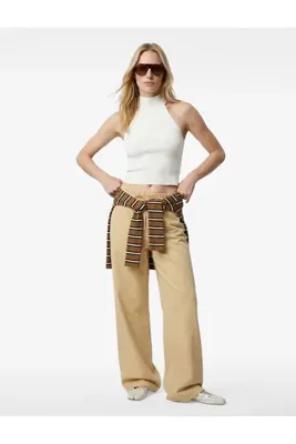 Koton Cepli Beli Bağcıklı Pamuklu Bol Paça Pantolon - Loose Straight Fit Jean