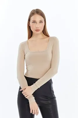 LAENT Kadın Krem Kare Yaka Uzun Kollu Crop Bluz