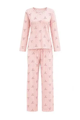 TRENDYOLMİLLA Pembe Çizgili ve Kurdele Fiyonk Desenli Örme Pijama Takımı THMAW27PT00291