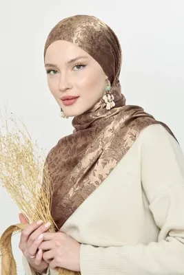 Scarf Parlak Jakar Çiçek Desen Şal - Kahve Bakır -