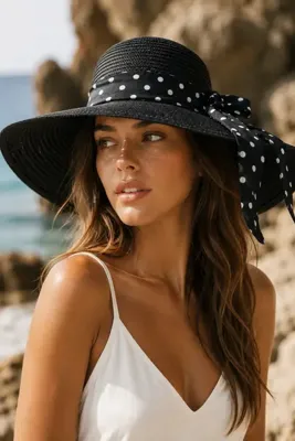 The Champ Clothing Kadın Polka Riviera Geniş Kenarlı Hasır Şapka Siyah – Puantiyeli Bağlama Detaylı Yazlık Model