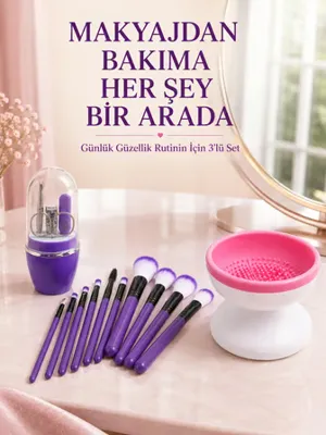 Epilons 3 Lü Güzellik Ve Bakım Seti 12 Li Mor Makyaj Fırçası Fırça Temizleme Cihazı Ve Manikür Pedikür Tırna