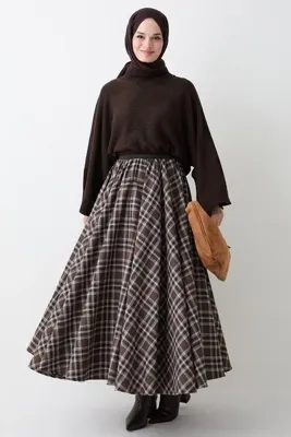 InStyle Ekose Desen Kloş Acı Kahve Etek
