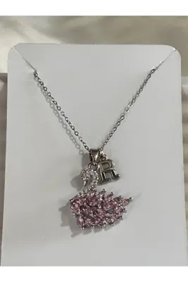 bijoux uniques 316L Çelik pembe zirkon taşlı kuğu R harfli kolye