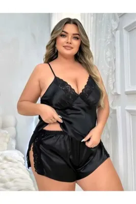 Viselya Dantelli Yırtmaçlı Büyük Beden Saten Gecelik