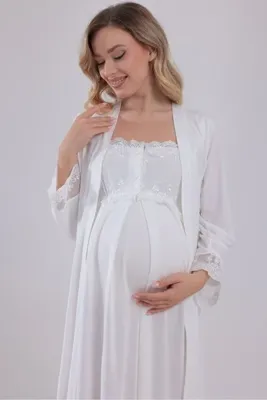 Yulem Homewear Yeni Sezon Ekru Özel Dantel Tasarım Askılı %100 Pamuklu Lohusa Hamile Gecelik-Sabahlık 2'li Set
