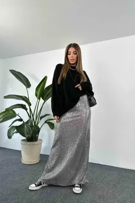BEBE PLUS Kadın Beli Lastikli Yarım Astarlı Maxi Boy Pul Payetli Etek