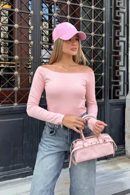 la & vetta Toz Pembe Omuzları Açık Uzun Kollu Bluz