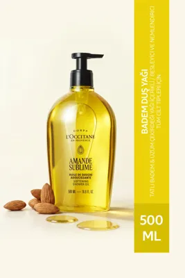 L'Occitane Badem Duş Yağı, Tatlı Badem ve Üzüm Çekirdeği Yağı İçeren Besleyici ve Nemlendirici, Omega 6 ve 9, 500 ml