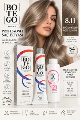botegohair 8.11 Yoğun Küllü Açık Kumral Profesyonel Saç Boyası Seti