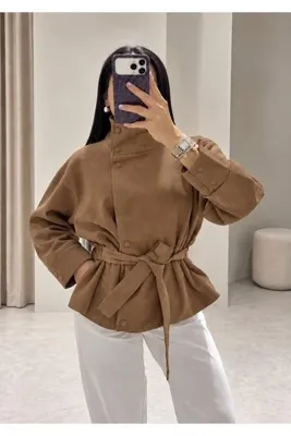 Ekim Store Süet Dik Yaka Kuşaklı Büzgülü Deri Ceket