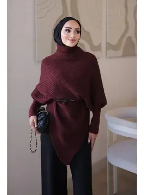 İmajButik Bordo Asimetrik Kesim Kemerli Yumuş Triko Kazak