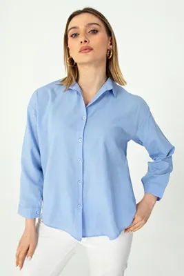 Nuevo Bebe Mavi Oxford Dokulu Rahat Kesim Kadın Gömlek – Yeni Sezon