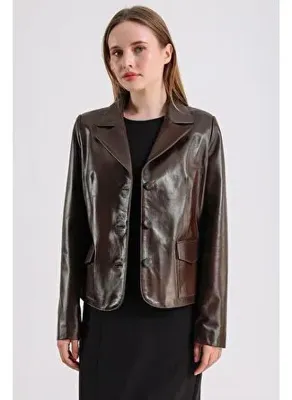 Maroquin Leather Anna Kadın Fındık Deri Blazer Ceket