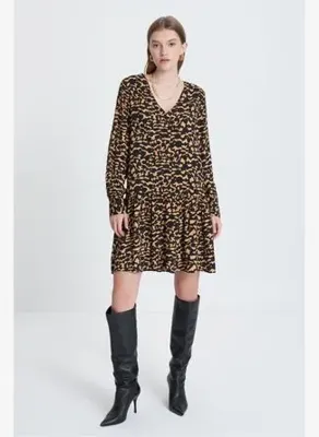 Mudo Kadın Multi Renk Leopar Desenli Uzun Kollu Mini Elbise