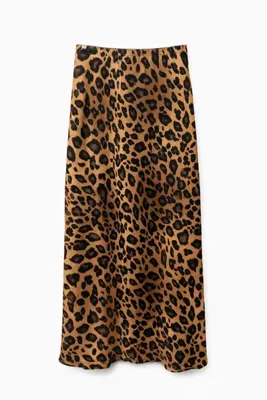 Mixray 4107 Kadın Leopar Desen Saten Etek Kahve