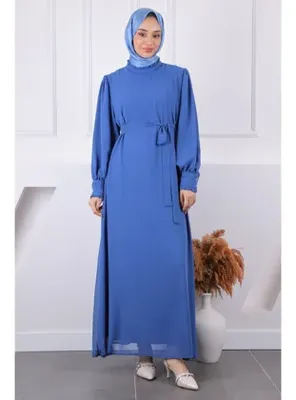 İmaj Butik İndigo Yaka Fırfırlı Kuşaklı Şifon Elbise