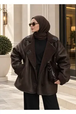 NAYEL Kadın Premium Bronz Süet Dokulu İçi Peluş Oversize ZR Model Mont Ceket