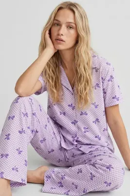 Siyah İnci lila fiyonk desenli İnce Soft Örme Mevsimlik Düğmeli Pijama Takımı 8002