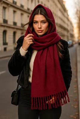 Luminos Butik Kadın Bordo Düz Püsküllü Atkı Şal 45x210 Cm Sal1257