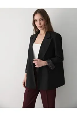 JASTE Kadın Siyah Çizgili İçi Astarlı Kol Detaylı Blazer Ceket