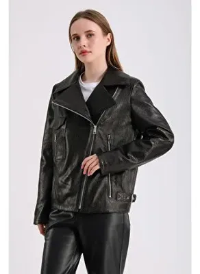 Maroquin Leather Billie Kadın Siyah Jumbo Deri Biker Ceket
