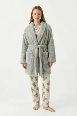 Sevim Şal Yaka Wellsoft Sabahlık & Peluş Bornoz-Yumuşak, Polar Unisex Sabahlık-Gri