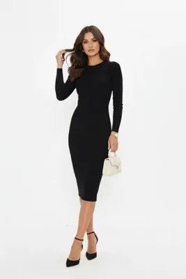 Avones Yarım Boğazlı Bodycon Uzun Kollu Fitilli Kaşkorse Mini Boy Elbise-Black
