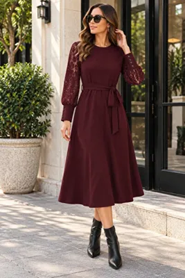 Kokosh moda Kadın Uzun Kollu Dantel Kol Detaylı Kuşaklı A Kesim Midi Waffle Elbise