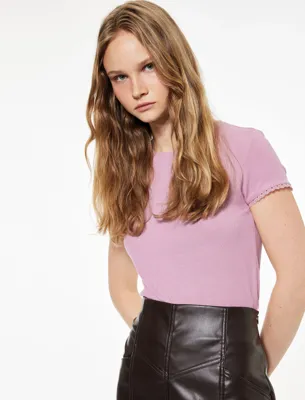 Koton Slim Fit Kısa Kollu Dantel Detaylı Bisiklet Yaka Fitilli Tişört