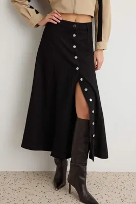 TRENDYOLMİLLA Siyah %100 Pamuk Önden Düğmeli Maxi Denim Etek TWOAW27ET00087