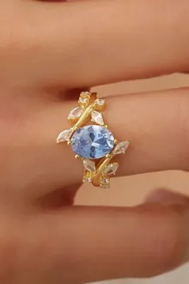 passion silver Sarmaşık Aqua Zirkon Taşlı 14 Ayar Altın Kaplama Kadın Yüzük