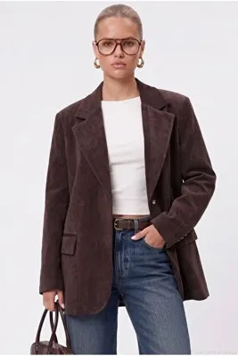 Ritnice Kadın Jonas Astarlı Cepli Kahverengi Lux Oversize Blazer Ceket
