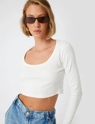 Koton Uzun Kollu Crop Tişört Fitilli Derin Yuvarlak Yaka Pamuklu Slim Fit