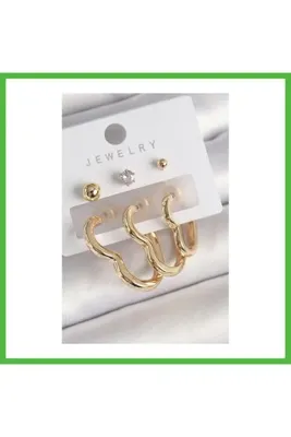Vaveni Pirinç Gold Renk Kalp Model Zirkon Taşlı Topçuk Detay Kadın Küpe Seti ARZ