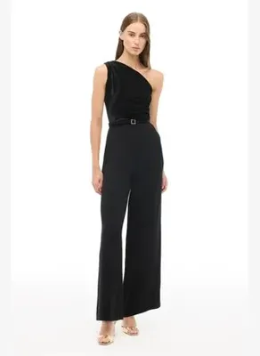 Perspective Siyah Slim Fit Asimetrik Yaka Sıfır Kol Uzun Boy Tulum