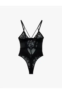 Koton Derin V Yaka İnce Askılı Transparan Dantelli Bodysuit