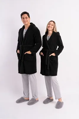 Sweet's Collection Siyah Kapüşonlu Welsoft Peluş Unisex Sabahlık
