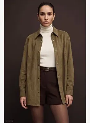 Sateen Çıtçıt Detaylı Süet Gömlek - Camel