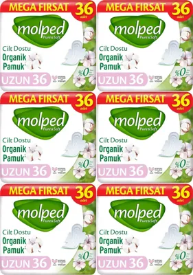 MOLPED Pure Soft Uzun 36 Adet Organik Mega Fırsat Paketi Hijyenik Ped
