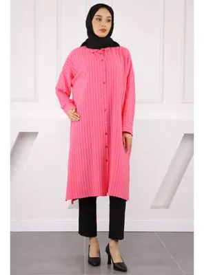 İmaj Butik Pembe Çizgili Yırtmaçlı Tunik