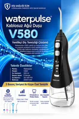 Waterpulse V580 Water Flosser Taşınabilir Şarjlı Masajlı Diş/Protez Bakım ve Ağız Duşu-Siyah