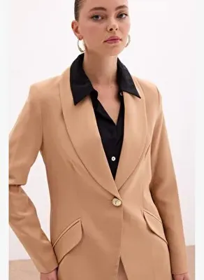 Sateen Düğme Detaylı Uzun Ceket - Camel
