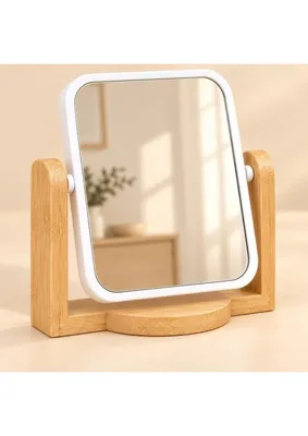 Str Store Bambu Ahşap Ayaklı Kare Masa Aynası, 16 x 14 cm Kompakt Makyaj ve Bakım Aynası, Ayarlanabilir Açılı Beyaz Çerçeveli Dekoratif Tezgâh Aynası
