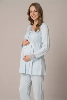 Genel Markalar Kadın Mavi Uzun Kol Dantelli Emzirme Kolaylığı Sağlayan Lohusa Hamaile pijama Takımı Seti