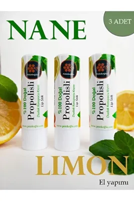 Petekoğlu 3 Adet Dudak Kremi Doğal Lip Balm Dudak Koruyucu Dudak Onarıcı Propolis Nane Limon Yağı Krem