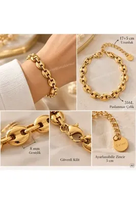 Genel Markalar 316L Çelik Gold Düğme Model Bileklik Unisex 17+5 Cm