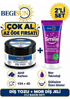 Begisun Ikili Diş Bakım Seti – Mor Diş Jeli + Aktif Karbonlu Diş Tozu