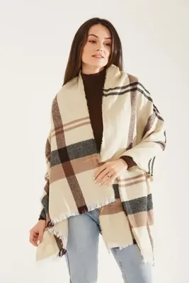 Goldmine Unisex Bej Krem Şeritli Yumuşak Dokulu Atkı